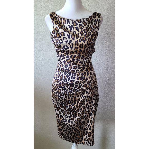 Caché Dresses & Skirts - VTG Cache Leopard Animal Print Women‎ Dress SZ 2 Silky Ruched Body Con Evening